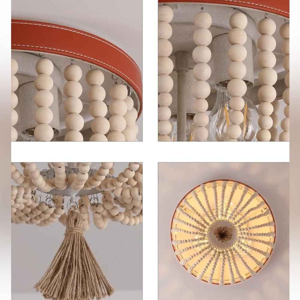 NEW Boho Wood Beaded Flush Mount Ceiling Lights Chandelier Fixture - Picture 4 of 10